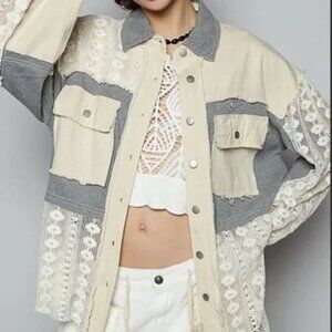 061 Pol Crochet Mixed Fabric Lace Grey/Creme Shacket Jacket NEW Size Large